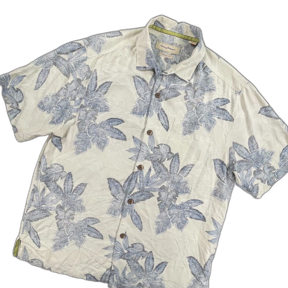 Tommy Bahama Shirt Large White Silk Floral Matched Pocket Hawaiian Camp ButtonUp